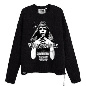 "SURRENDER" DISTRESSED KNIT SWEATER