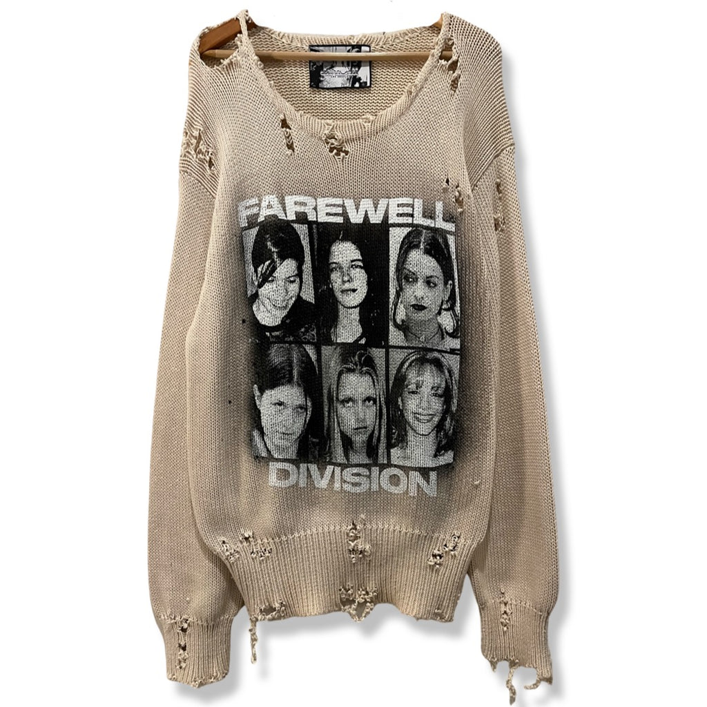 "CRIME AND MURDER" OVERSIZED KNIT DISTRESSED SWEATER