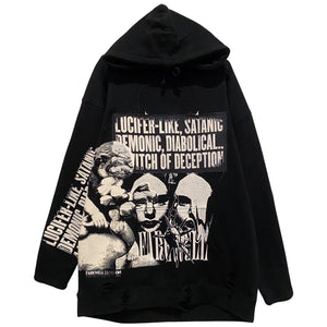 “deception” collage distressed hoodie