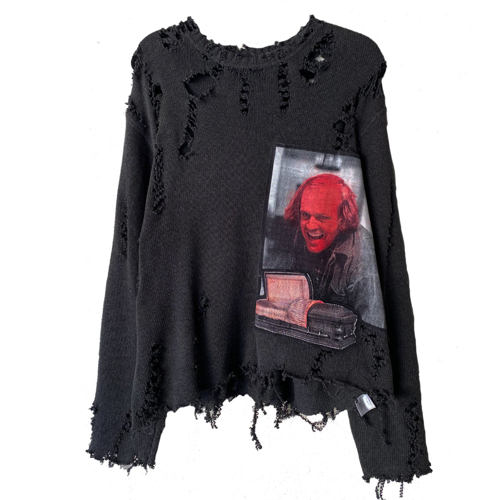 "Overlook Hotel" distressed sweater (charcoal/red)