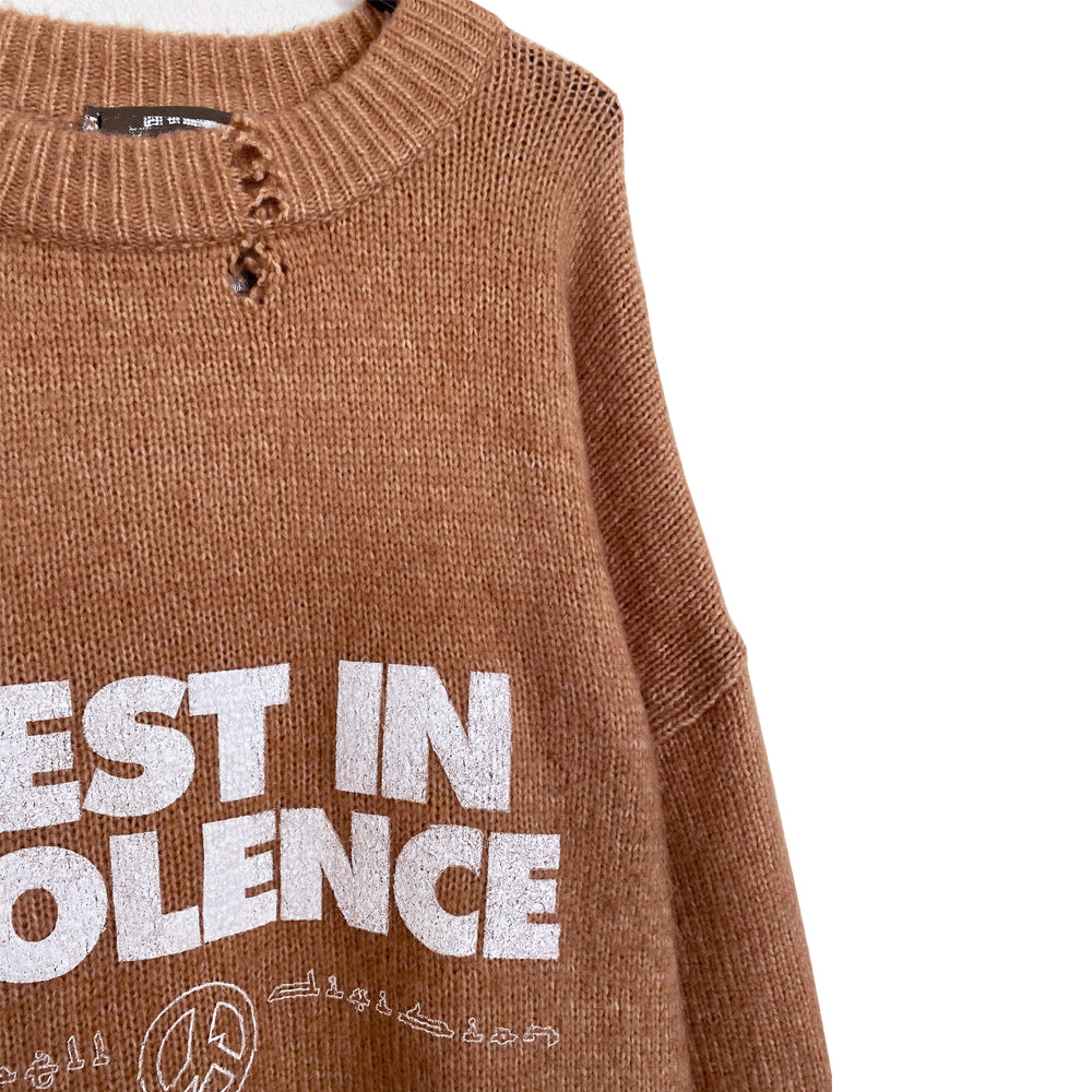 "restinviolence" distressed knit sweater
